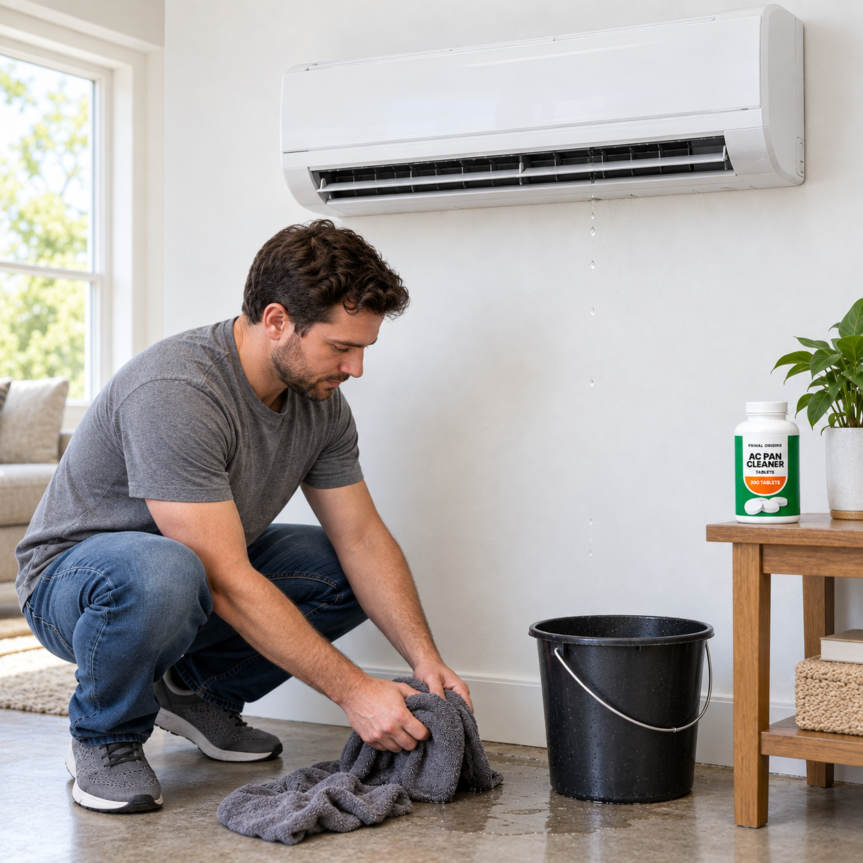 A homeowner cleaning up water beneath a leaking AC
