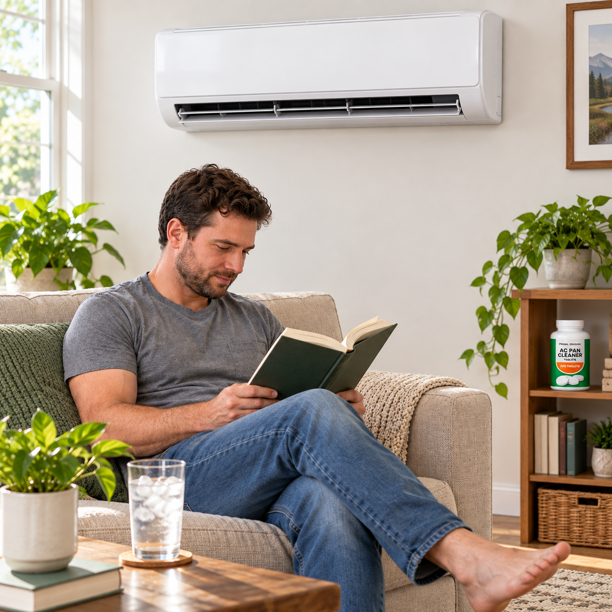 A homeowner relaxing beneath an air conditioner