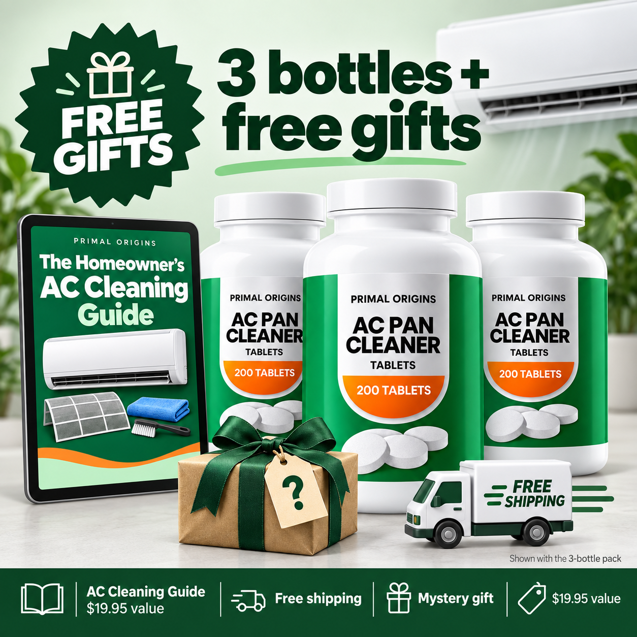 Three-bottle pack with free AC Cleaning Guide, shipping and mystery gift; guide and mystery gift valued at $19.95 each