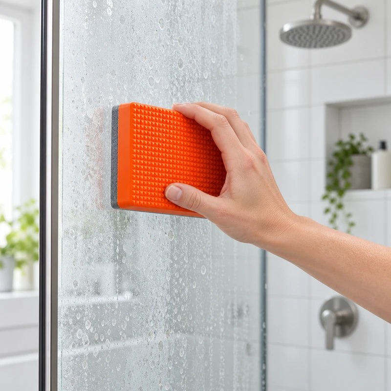 A hand holding the cleaning pad against shower glass