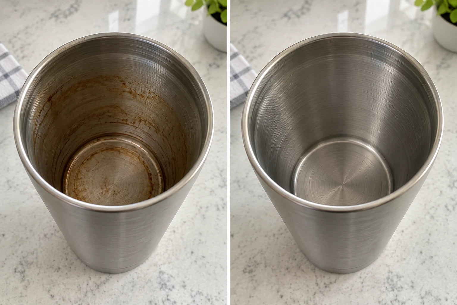 Illustration comparing a coffee-stained tumbler with the same tumbler clean