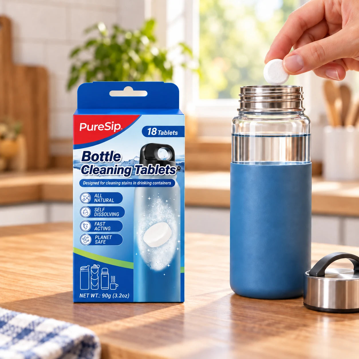 Adding a cleaning tablet to an open bottle beside the PureSip carton
