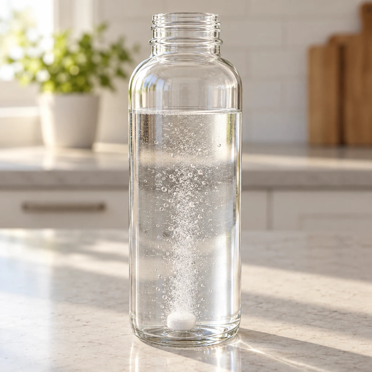 A white tablet fizzing in a clear glass bottle