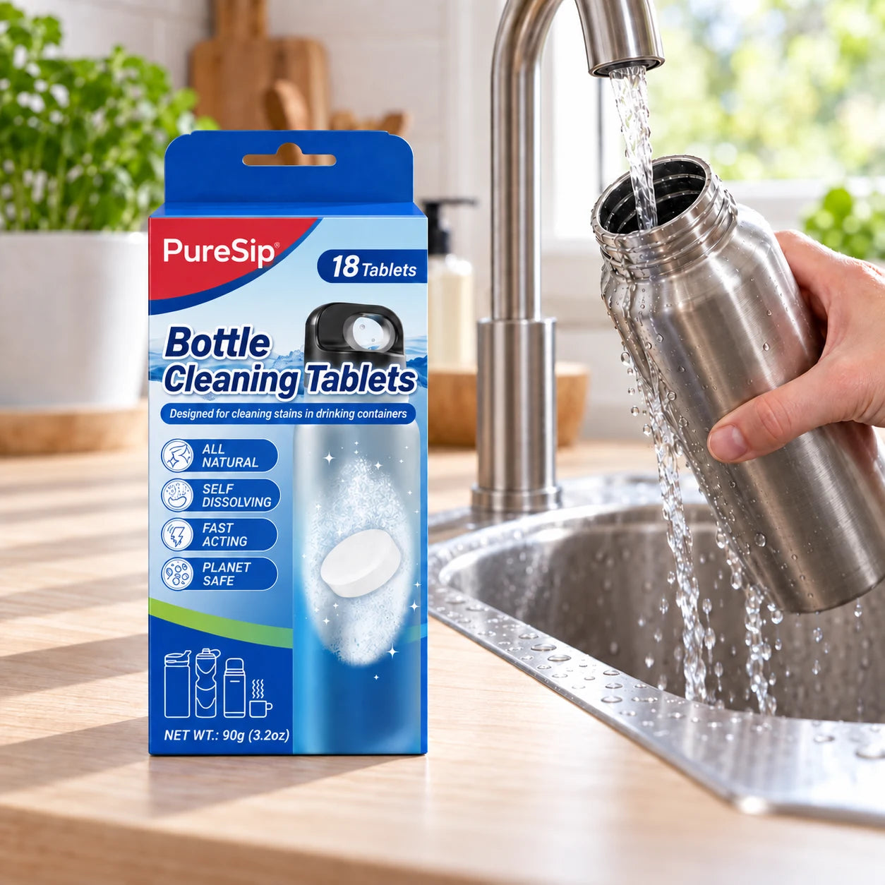 Rinsing a stainless steel bottle beside the PureSip carton